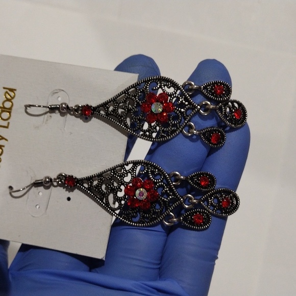 Red Crystal Drop Dangle Earrings – Filigree Fringe Design, Gold Women's Jewelry - Picture 8 of 10